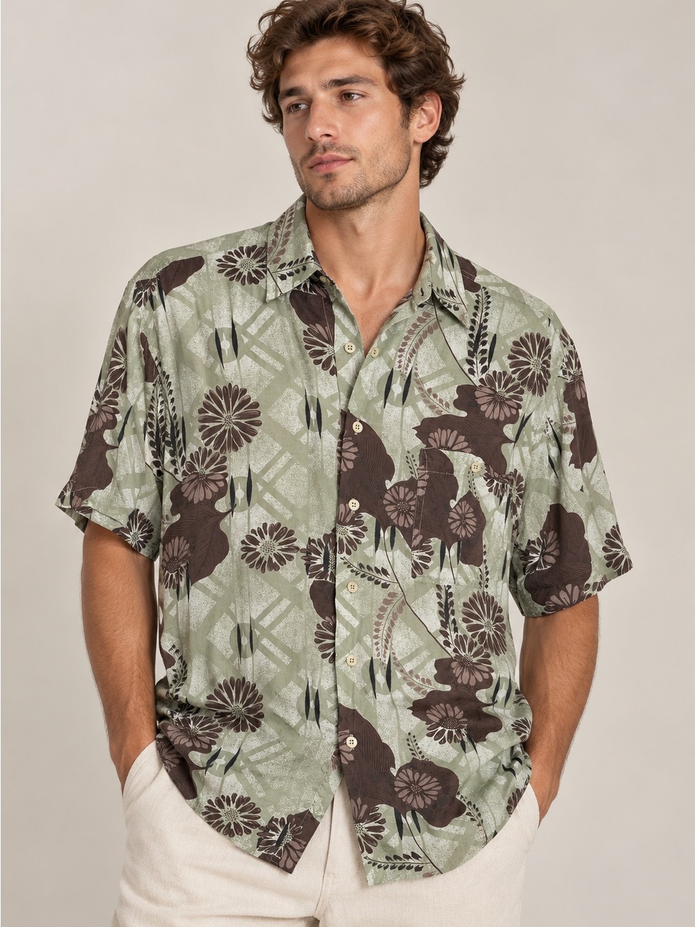 Vintage 90s 100% Silk Floral Button Down Shirt Retro Botanical Print sz M